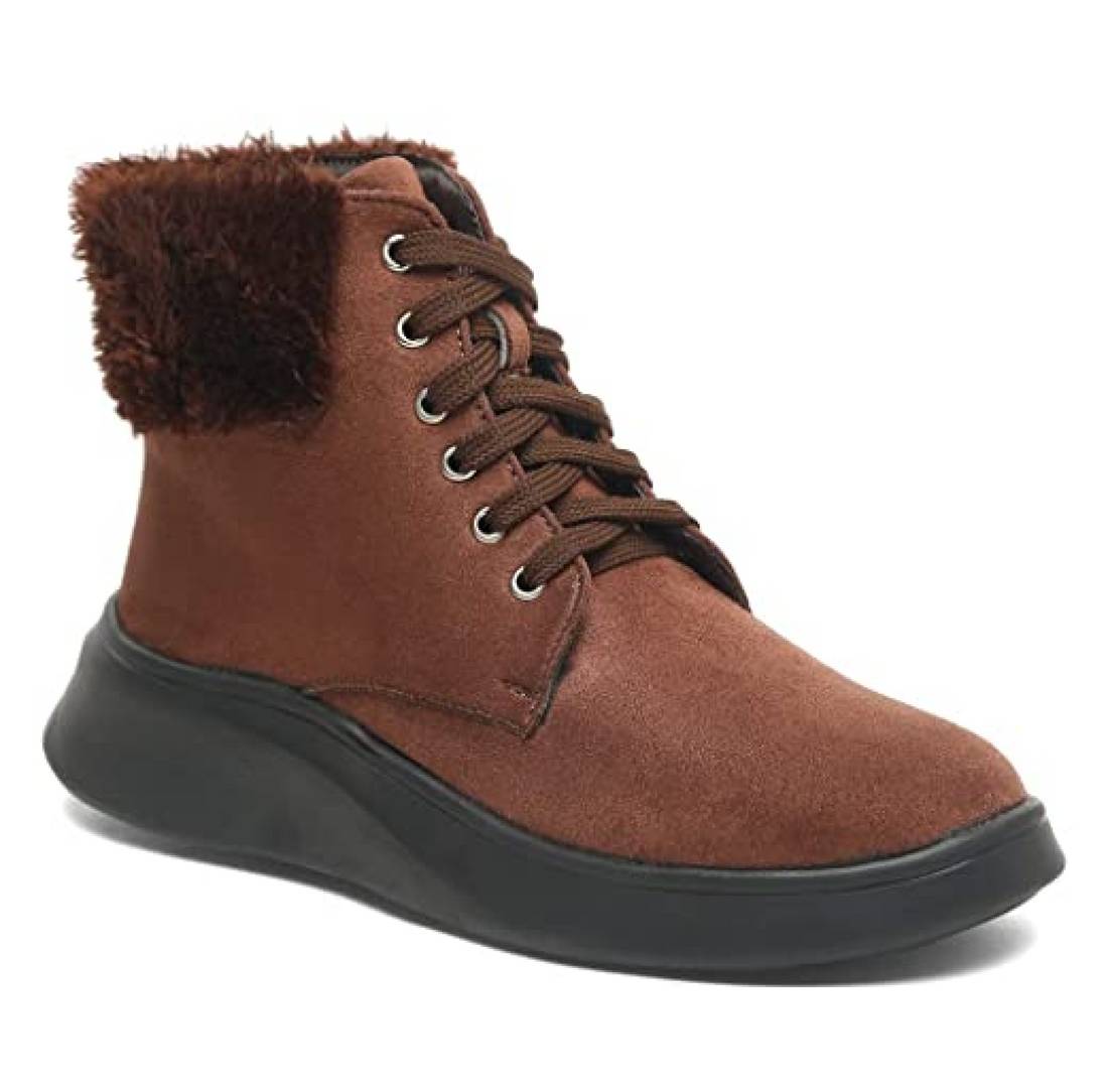 Brown Slipon Side Elastic Back Fur Ankle Length Boots 2